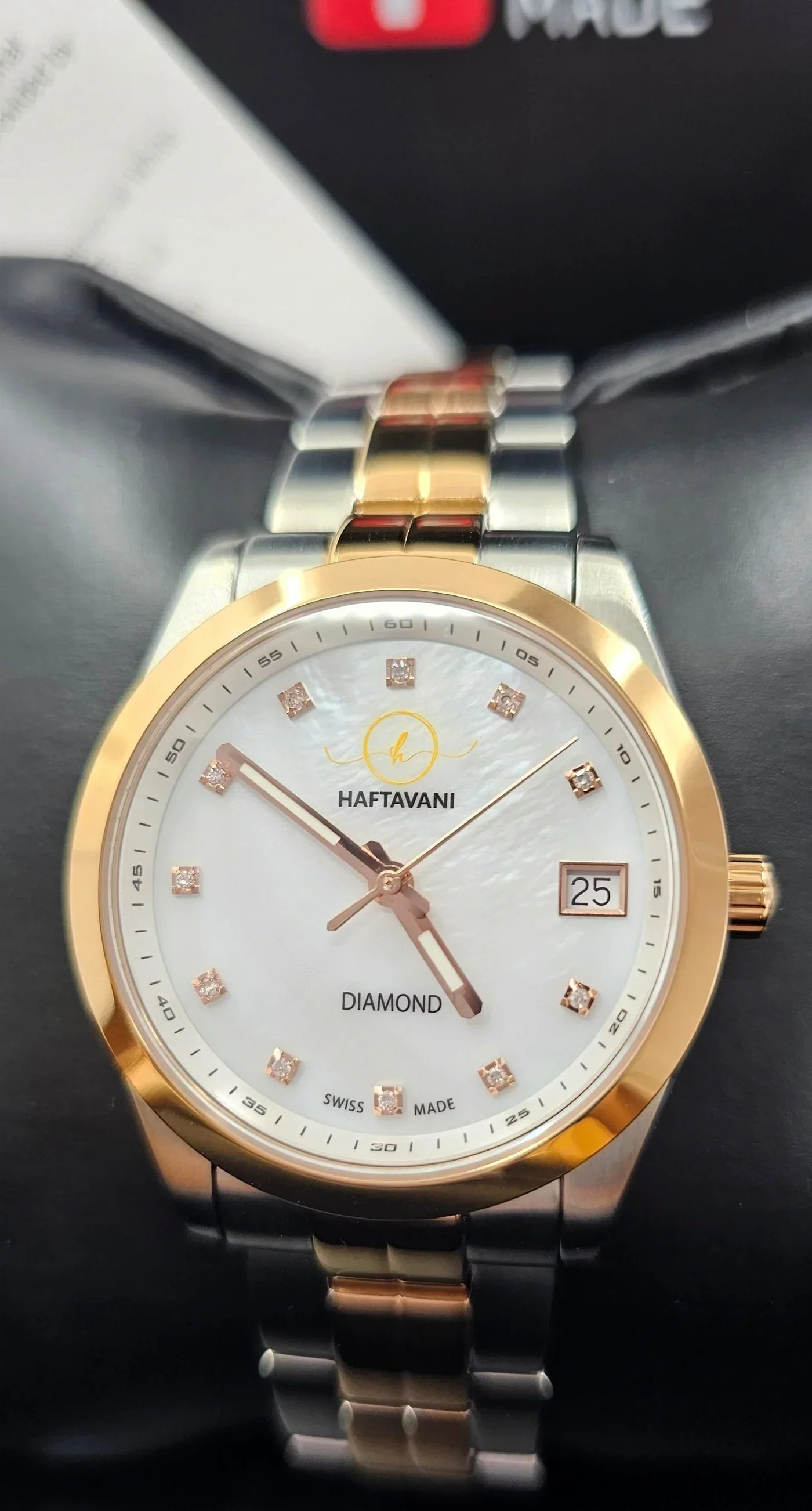 Face Gold -100M - Lady Swiss Waterproof Marble Stainless Haftavani With Steel Watch – Bicolour Diamond Quartz Made Silver-Rose Queen Diamonds - Genuine
