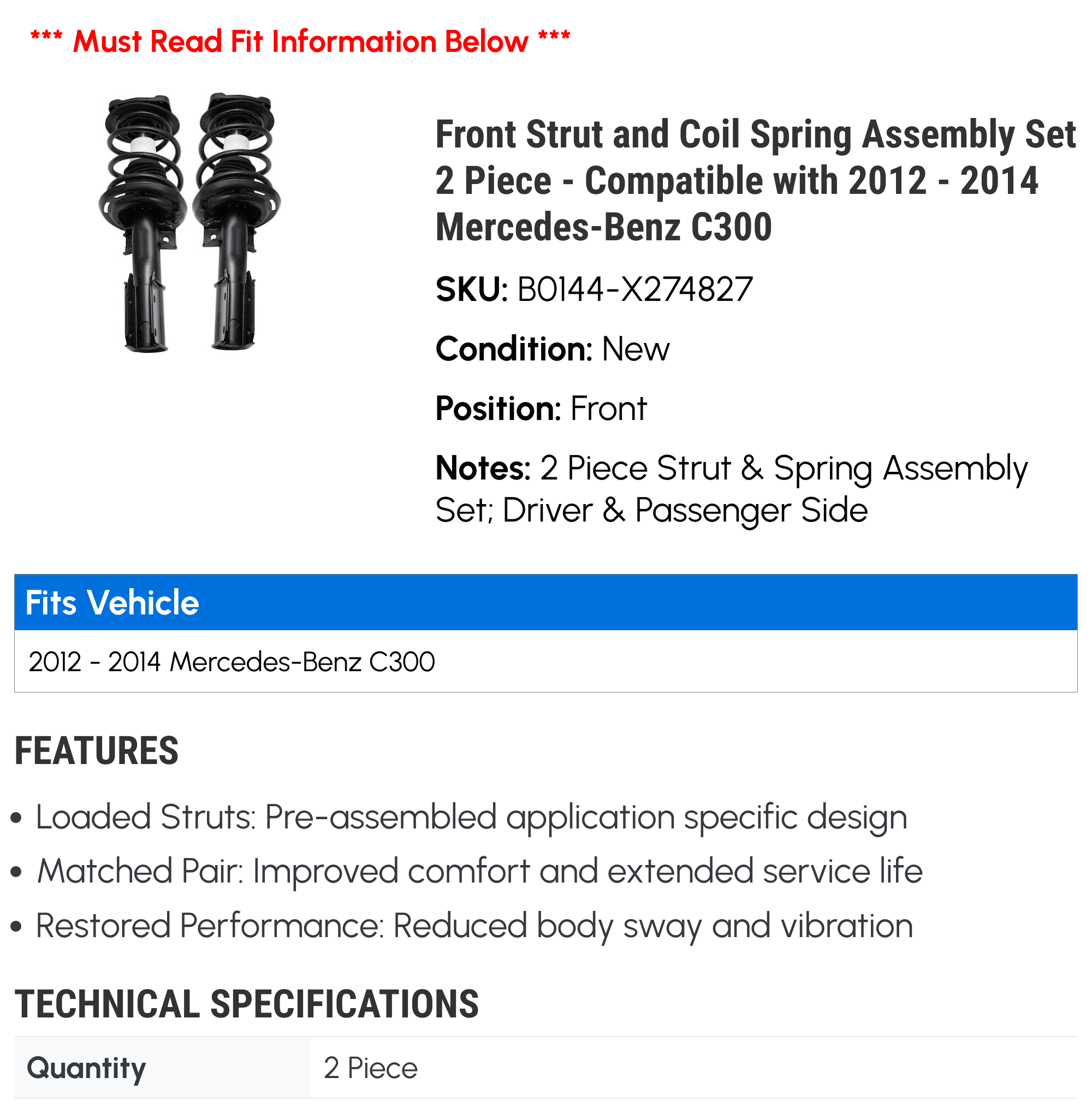 Set Coil and 2014 with Compatible C300 2012 Front Mercedes-Benz Strut Spring - Assembly 2 - 2013 Piece