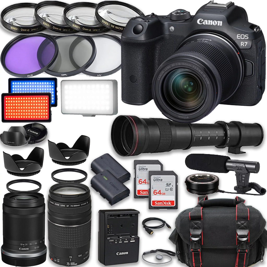 Canon Mirrorless HD More Battery, + Case Video EF & STM EOS 18-150mm 420-800mm 75-300mm R7 IS Memory Lenses, Extra 2X 64GB included: + III with Light, LED RF-S Accessories Cards, Camera Microphone,