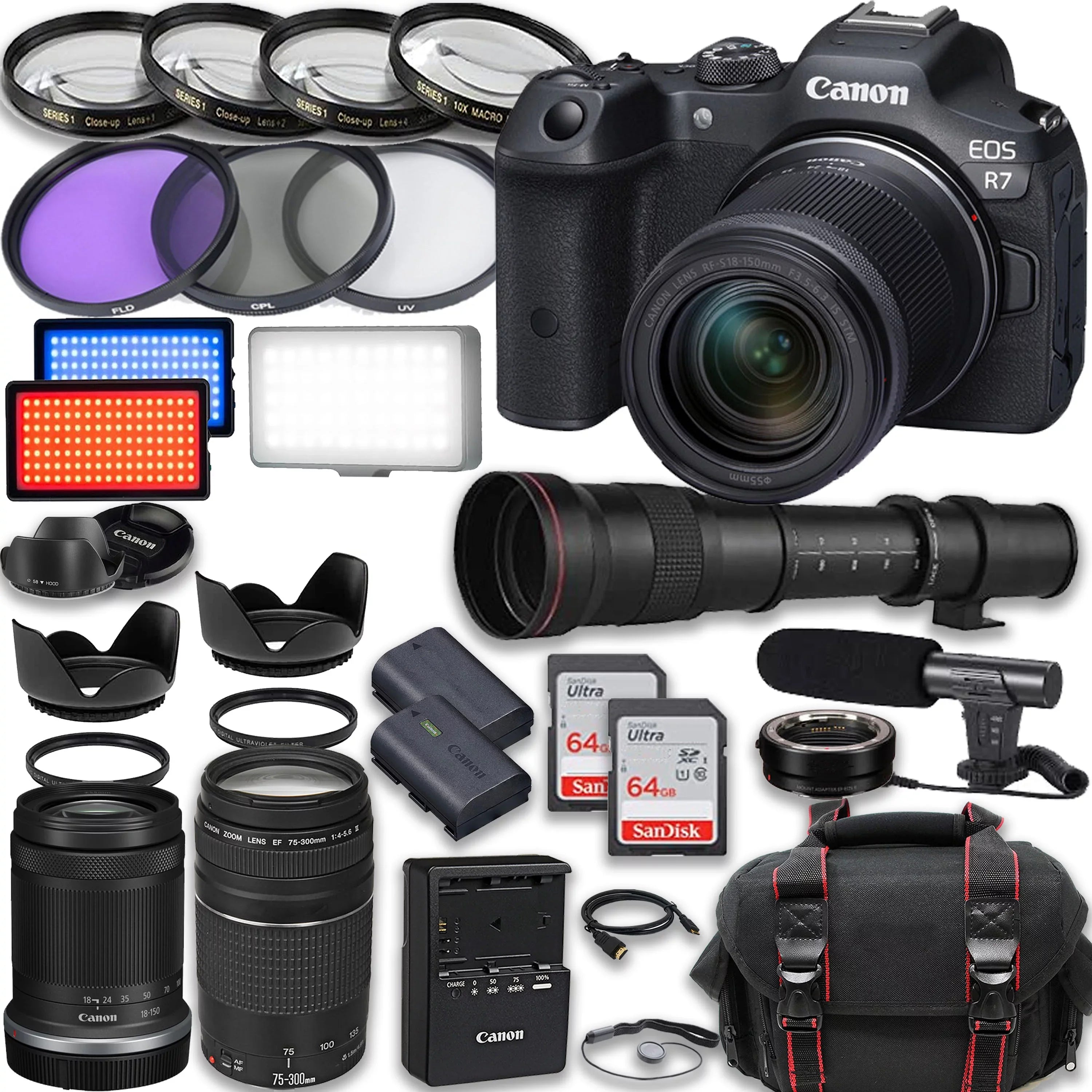 Canon Mirrorless HD More Battery, + Case Video EF & STM EOS 18-150mm 420-800mm 75-300mm R7 IS Memory Lenses, Extra 2X 64GB included: + III with Light, LED RF-S Accessories Cards, Camera Microphone,