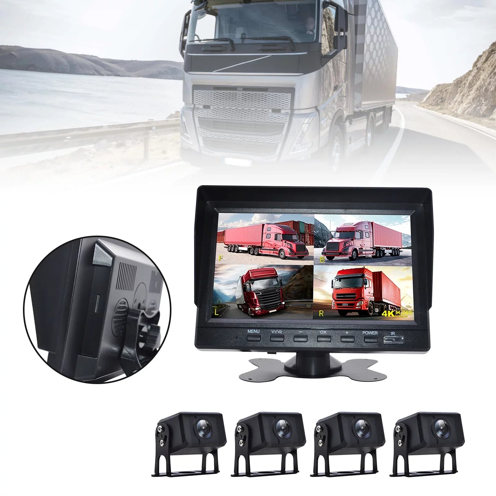 DVR RV Monitor Bus+4 View Rear Recorder Camera Video Driving for 7" Truck Backup
