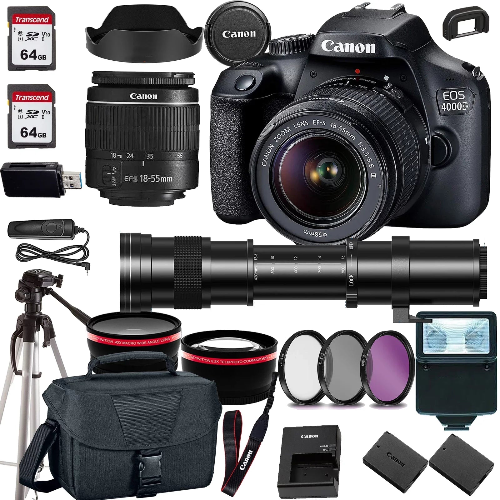 lens+case+128Memory Canon Zoom Lens+420-800mm 4000D/Rebel EF-S HD F/3.5-5.6 Telephoto T100 DSLR Zoom EOS 18-55mm w/Canon Camera Cards (24PC)