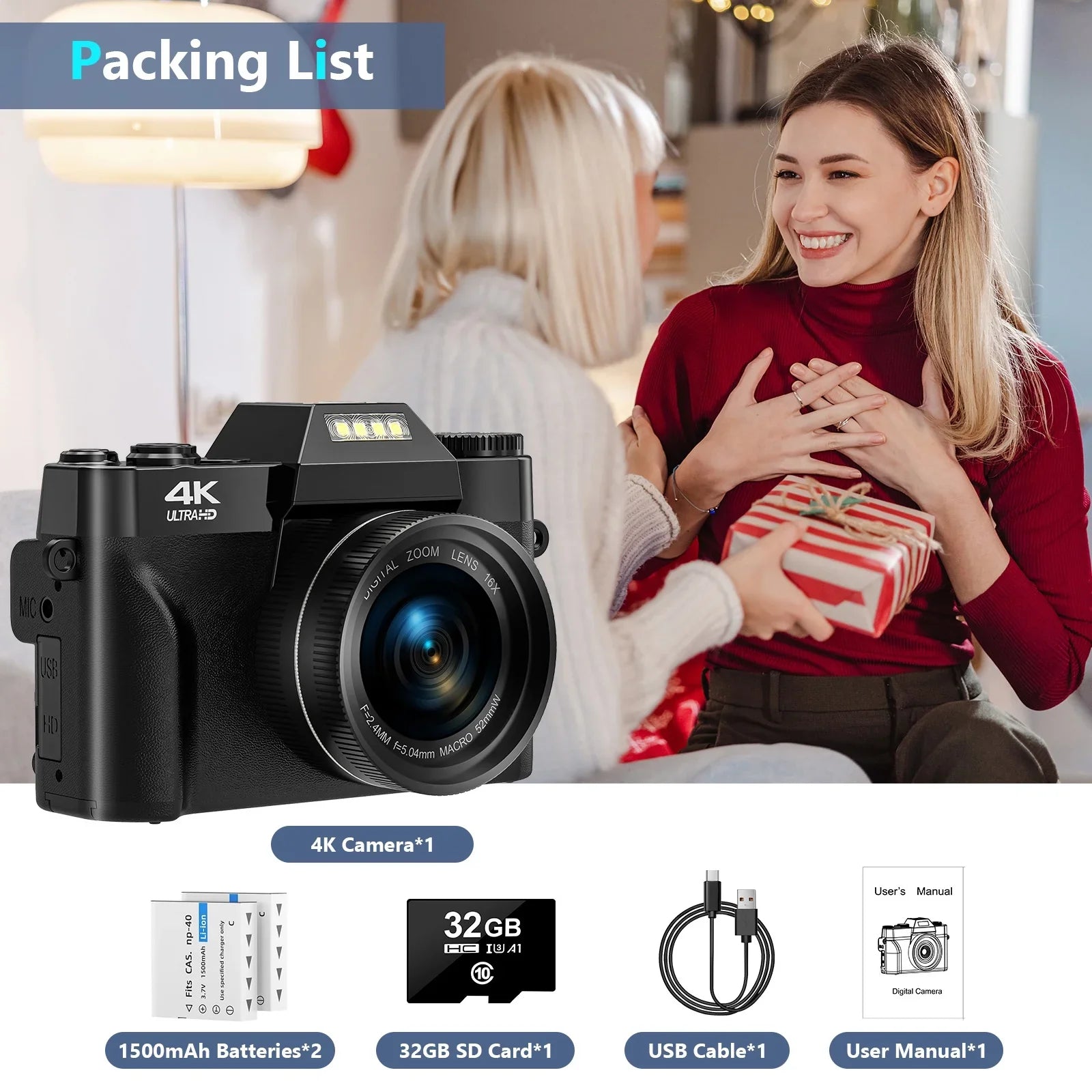 MARVUE Batteries Camera 32GB SD for Camera Digital Youtube Video Vlogging Video Camcorder and Card 48MP with Camera 4K 30FPS 2