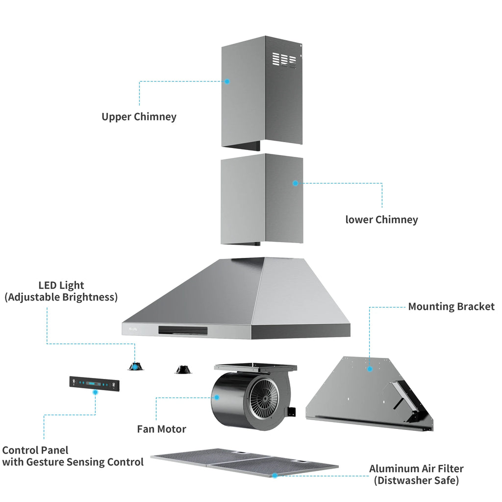 CFM Sensing Gesture Duct, HisoHu 36 Inch Range Kitchen Exhaust Wall Hood, LED Vent Hood Hood Stainless 780 Mount Hoods lights(A02-36") Speed with Ducted/Ductless with 4 Steel Dimmable Convertible