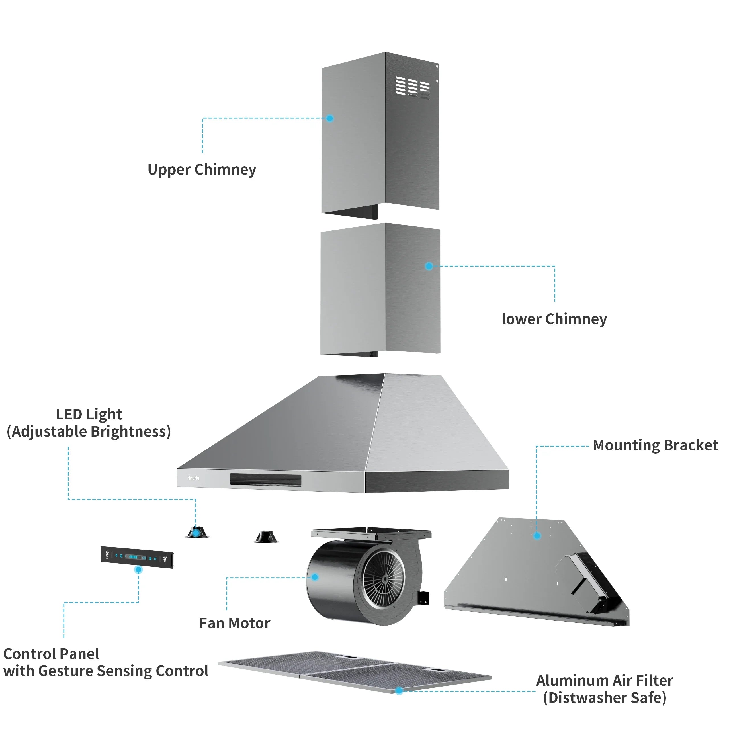 CFM Sensing Gesture Duct, HisoHu 36 Inch Range Kitchen Exhaust Wall Hood, LED Vent Hood Hood Stainless 780 Mount Hoods lights(A02-36") Speed with Ducted/Ductless with 4 Steel Dimmable Convertible