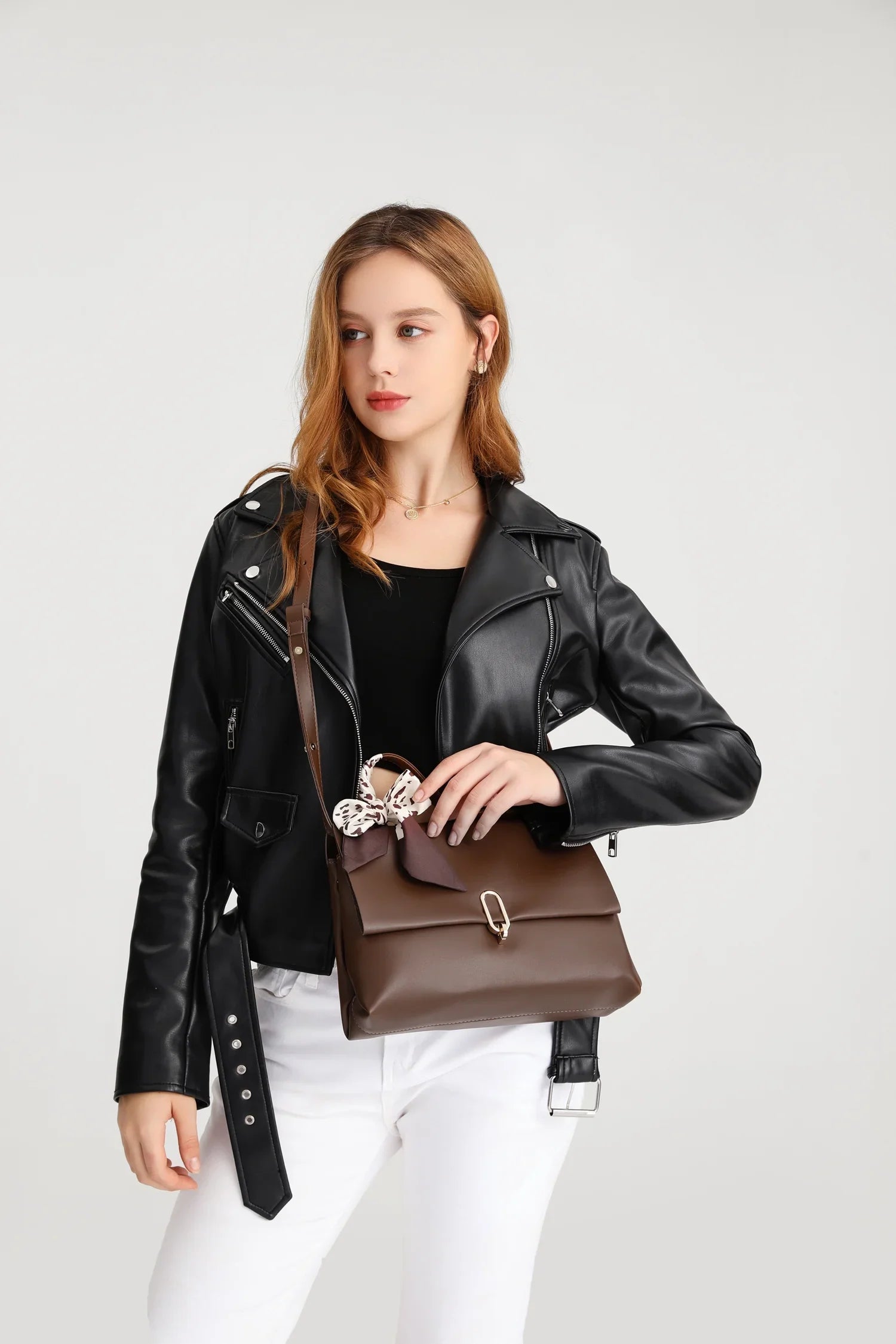 Shoulder Bag Leather bag hand Silk square Handle ladies crossbody Flap bags PU Brown handbags bags Women's Scarf women