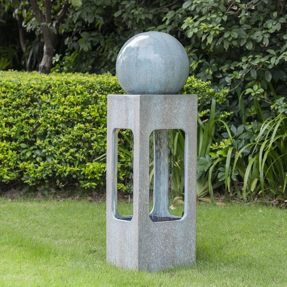 Homiyad with Fountain, Water Water Feature Blue Contemporary Tall Raindrop & Lawn, Light Deck Cement/Concrete Patio Outdoor Sphere Antique Fountain, for Outdoor 13X13X44" Garden,