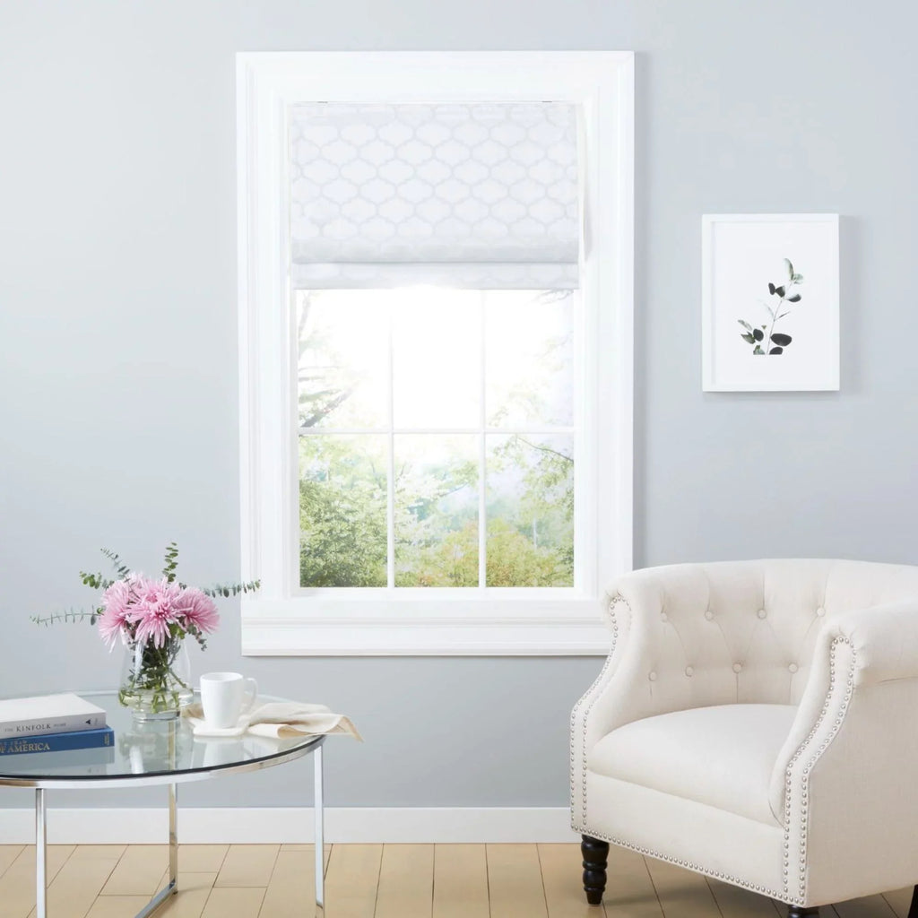 Home White 31"x64", Exclusive Total Trellis Shade, Montague Blackout Roman