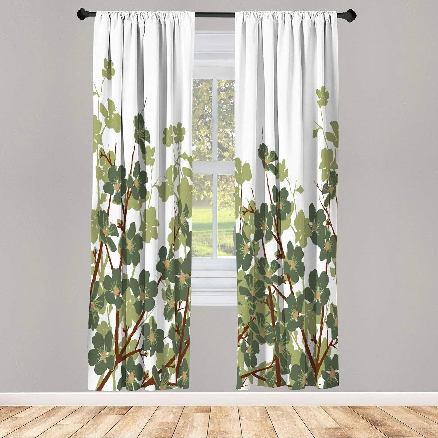 Reseda 28" Window Japanese Of East Garden Illustration, Decorative Set Curtains, Cherry - Pair Blossoms 2-Panel Branches & Rod Sakura Lightweight Pocket, X Spring 84", Flower Green