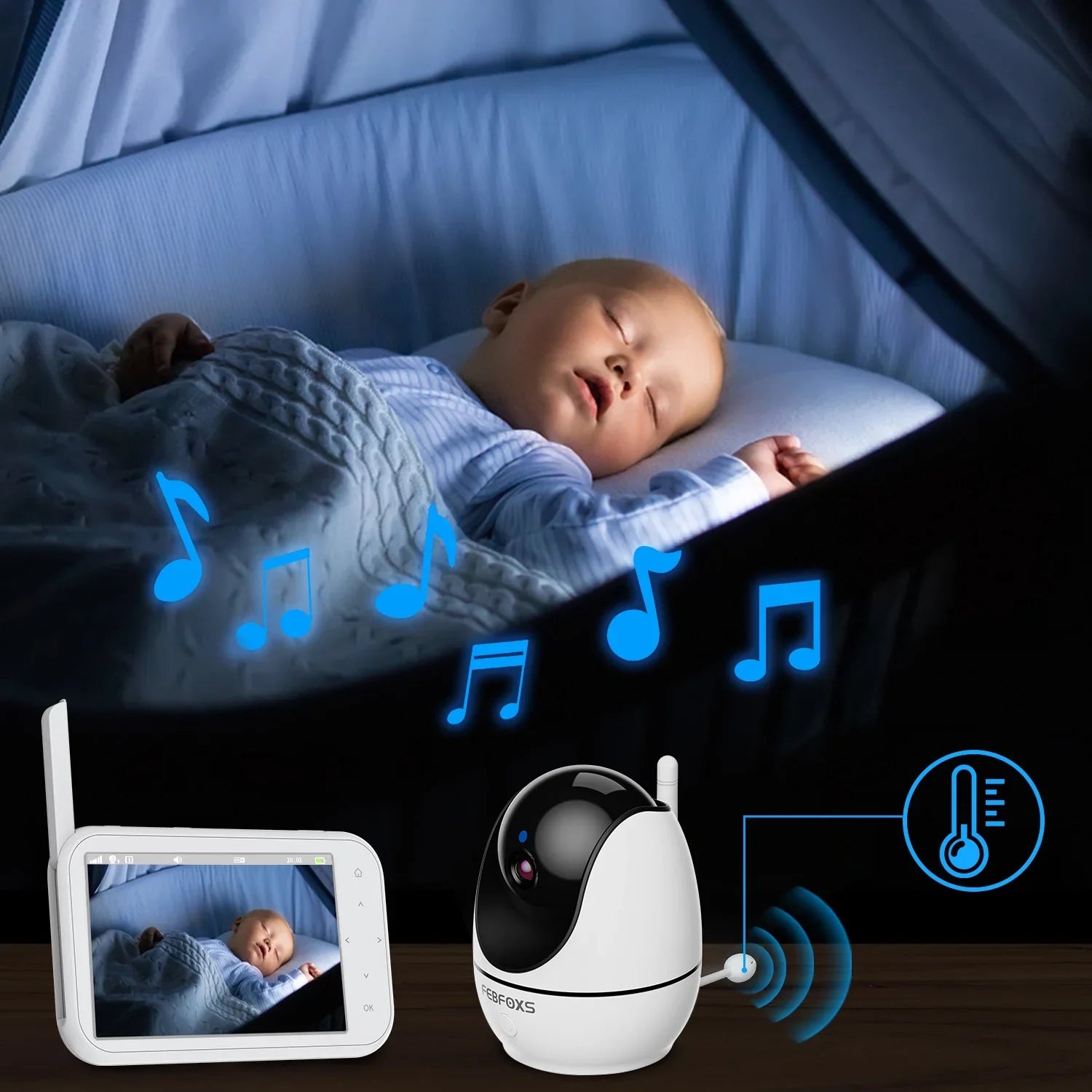 Camera Auto Night & Vision,Tem-Sensor, Monitor Talk, Pan&Tilt&Zoom, with Baby Wifi Febfoxs No 1080P Two-Way 4.3" LCD Audio, Screen