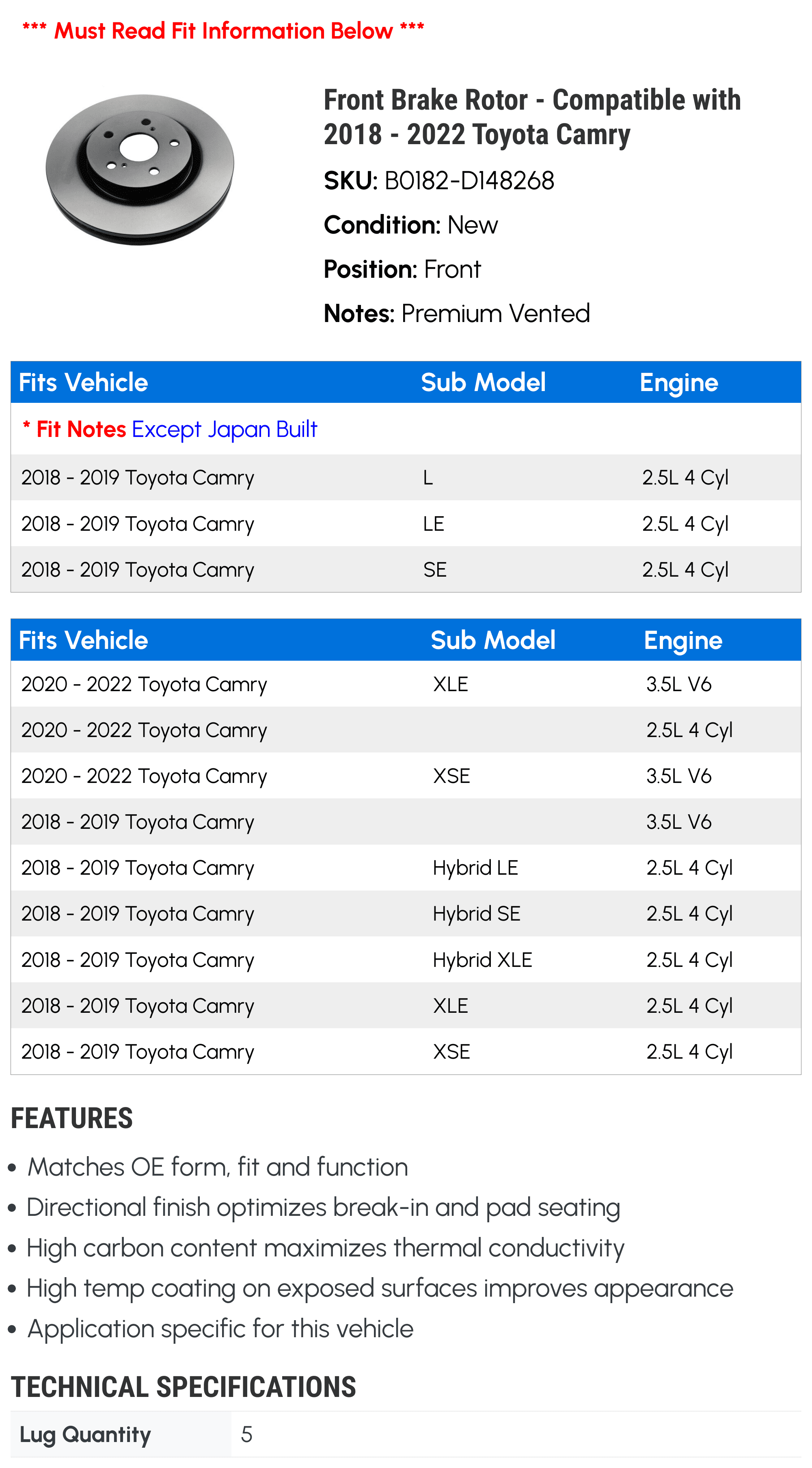 Compatible - Front - Toyota Camry 2019 2021 2018 2022 2020 Brake with Rotor