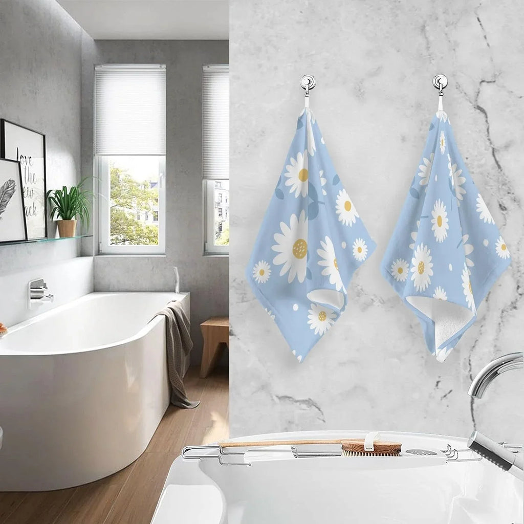 Wellsay 2 Hand Flower Towel Bath Set Pack Cotton Washcloths, Towel- Blue Highly Absorbent Face Quick-Dry Daisy of