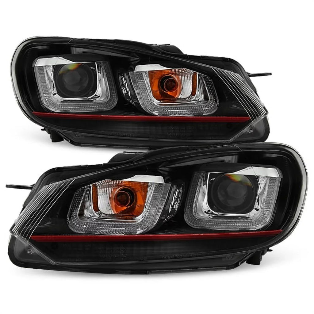 '- U-Halo] GOLF Stripe Black [Red VW Tube Projector LED 10-14 For AKKON Headlight Pair Bazel GTI Dual