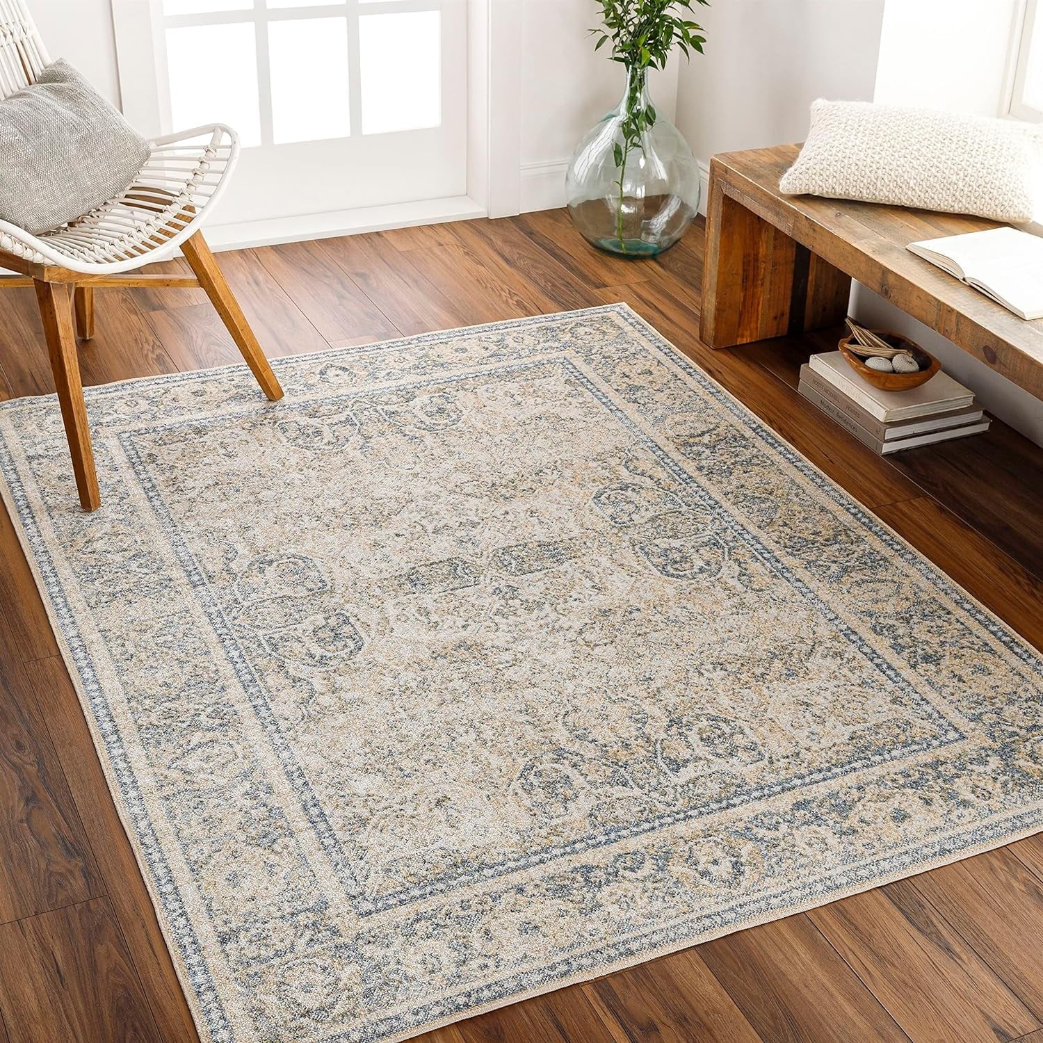 Washable Bedroom 2X3 Carpet East Traditional (2' Blue Living Room, Rugs, For Area Machine Washable) Beige Rug, Light X Kitchen Or 3',