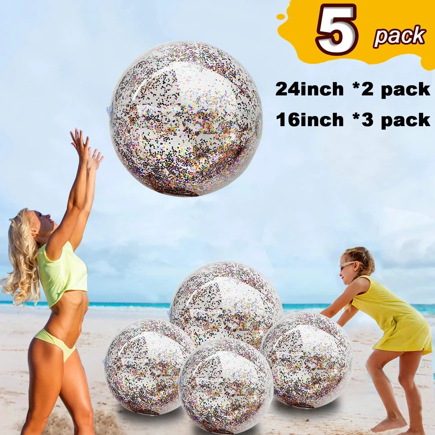 Beach Sand 24 Party 6 Premium Junipel Beach Beach Beach Theme | Confetti Ball Decoration, with & Glitter of Water Toy Supplies Inch Pool Summer Balls Inflatable Party for 16 -Set