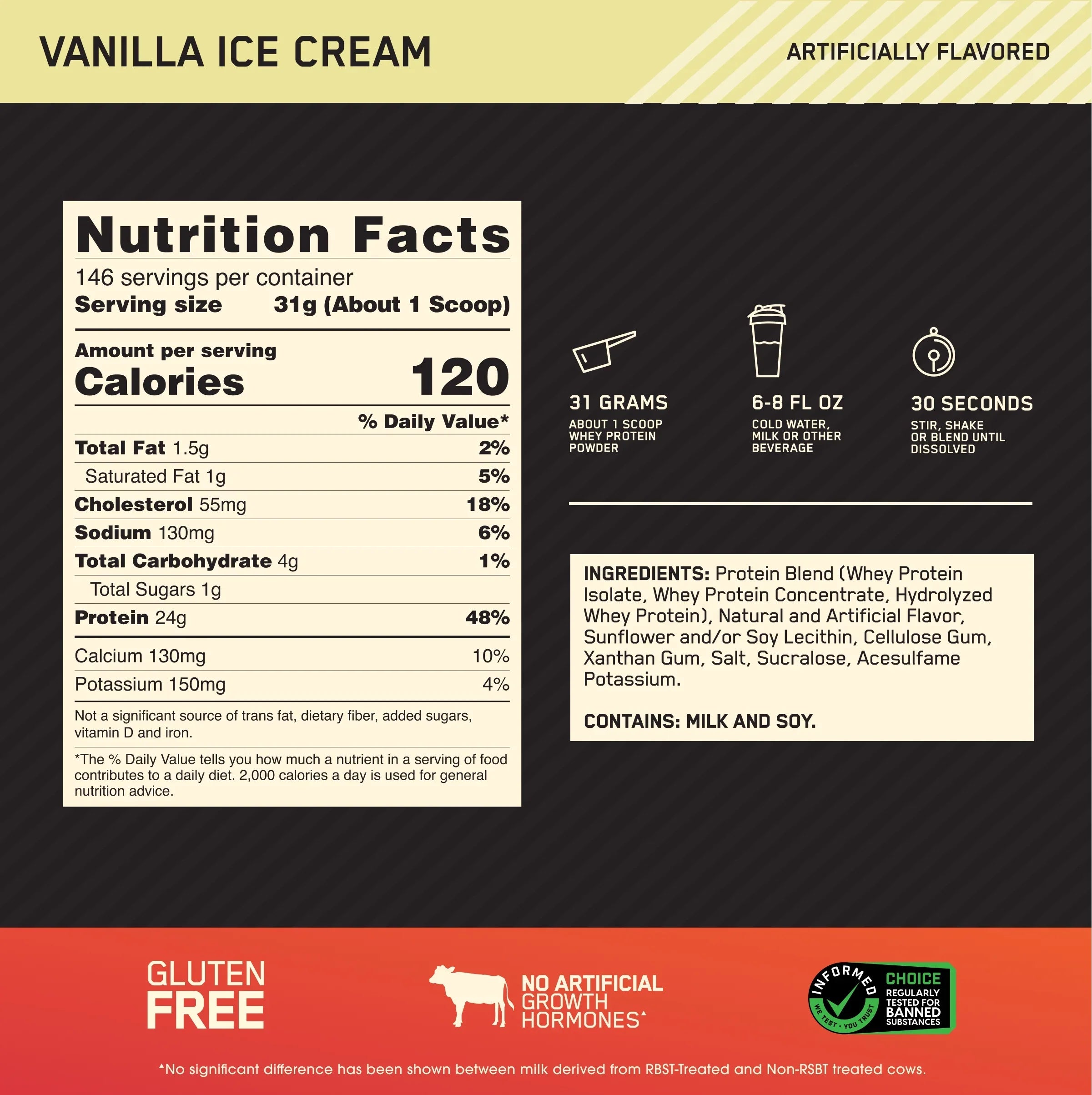 Gold Protein Ice Optimum Cream, Vanilla lb, Nutrition, 9.98 Servings Powder, Whey Standard 100% 146