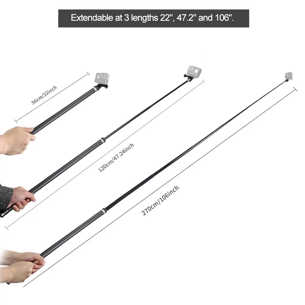 Inch Black(2018) Replacement 2.7M/106 Handheld Selfie Lightweight One Long 10/9/8/7/6/Hero for Stick Hero Fiber OSMO 5 Ultra C GoPro for Replacement Pole R Carbon Extendable Action Monopod