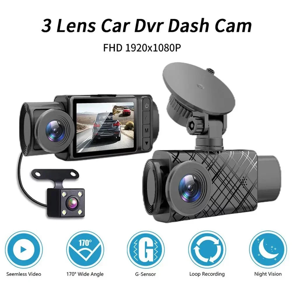 Recorder HD Driving Front 2\\\" Video Camera Dash DVR Lens Car Rear Triple And Cam