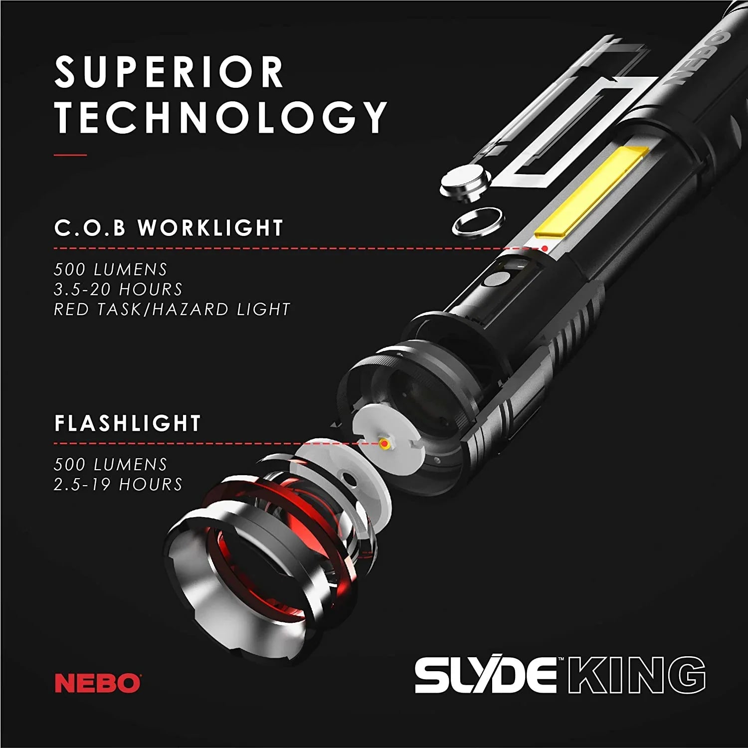 King Light, & Work NEBO Flashlight Base Durable, Magnetic Slyde Camping with Everday Flashlight, and Bright, Carry Light LED 4 C.O.B. Work Rechargeable Light Modes, and Flashlight