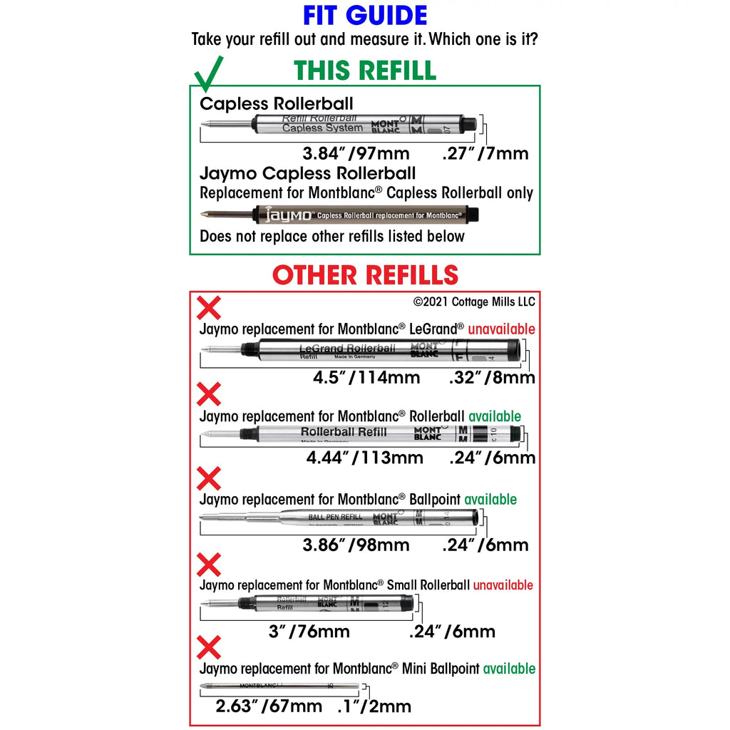 Black Jaymo Pen Capless Replacement 12 Measures Long - / mm Refill for - 113777 3.84 97 in Rollerball Montblanc -
