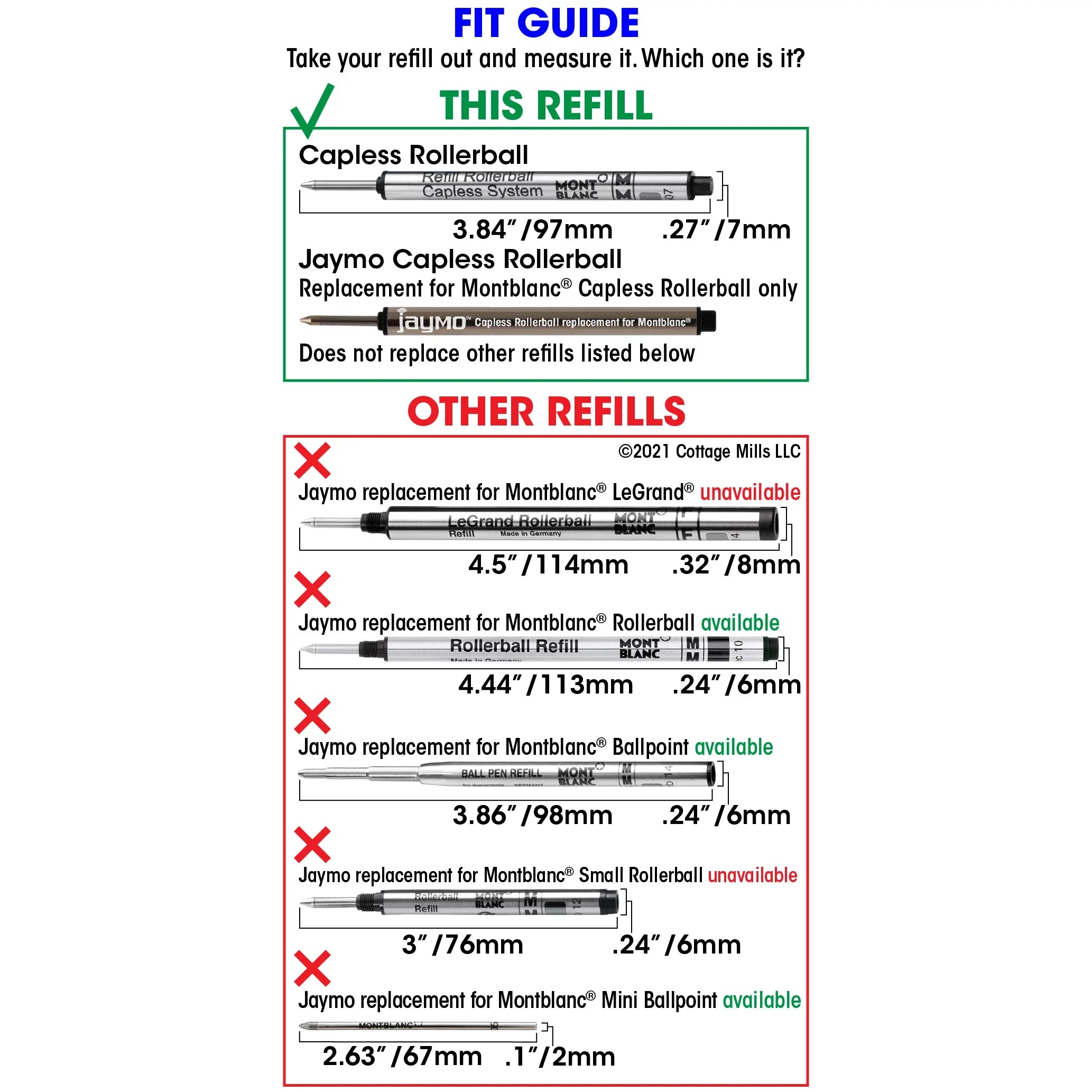 Black Jaymo Pen Capless Replacement 12 Measures Long - / mm Refill for - 113777 3.84 97 in Rollerball Montblanc -