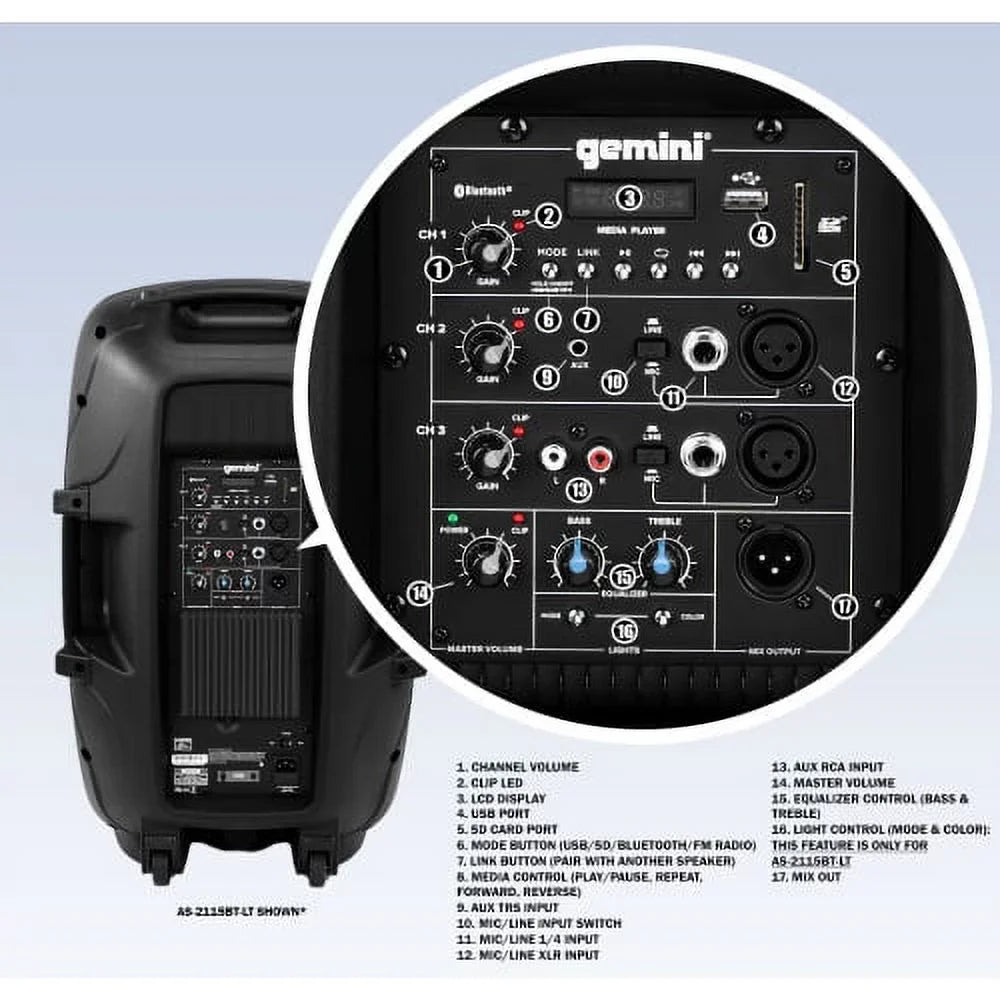 Active 15" PA Speakers Watts System Sound AS-2115BT Pro 2000 DJ Audio Bluetooth Gemini Inch