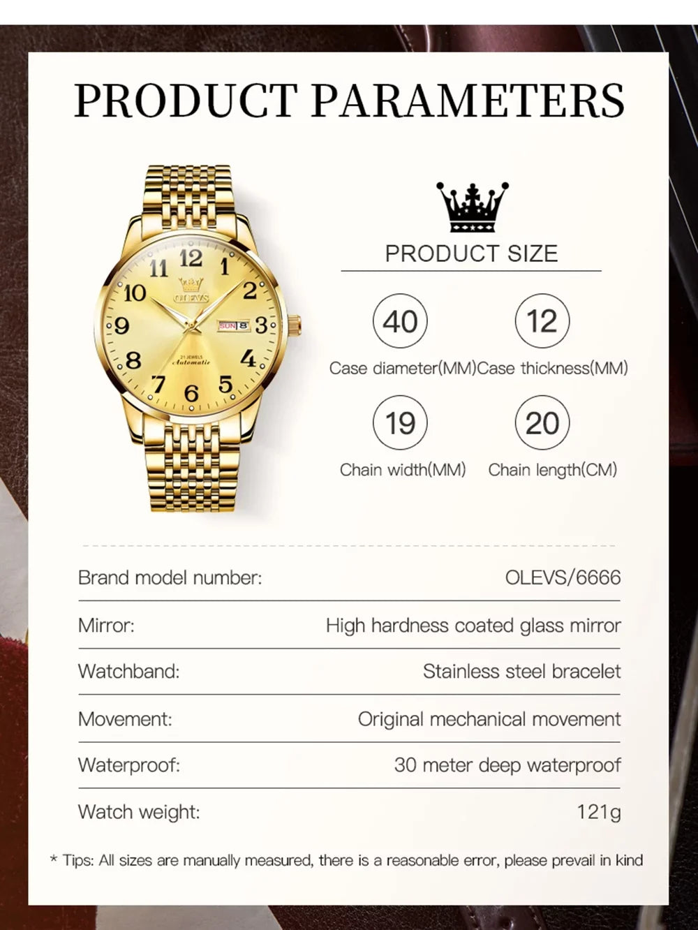 Hombre, Adult Dial Large Gifts Male Wristwatch Arabic Watch Reader Gold Face Winding Reloj Self for Men, Numerals Men Easy Para for OLEVS Waterproof