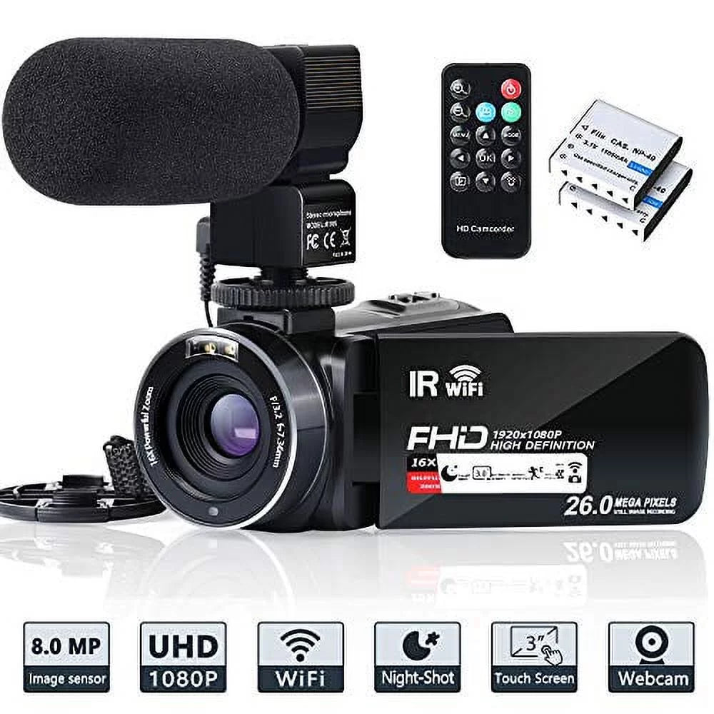 Digital IR WiFi Camera 1080P and Microphone,Remote 3.0'' Vision 2 Zoom Camera Night with 16X 26MP Touch Batteries Camcorder Recorder Camcorder Video 30FPS Screen FHD Vlogging YouTube