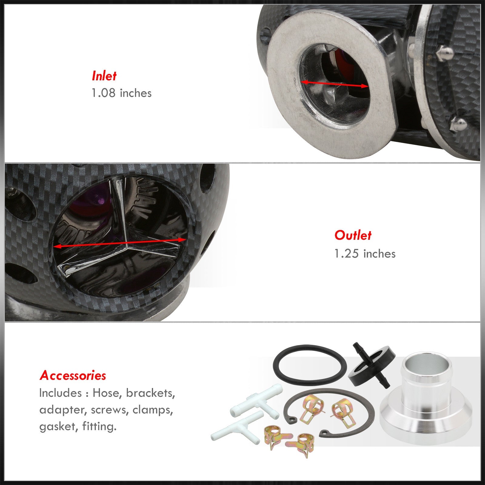 (Carbon Weldable + Valve Kit Charger Fiber) Adapter Billet SQV - Universal Blow Aluminum BOV Turbocharger Style Flange O-Ring Turbo Off