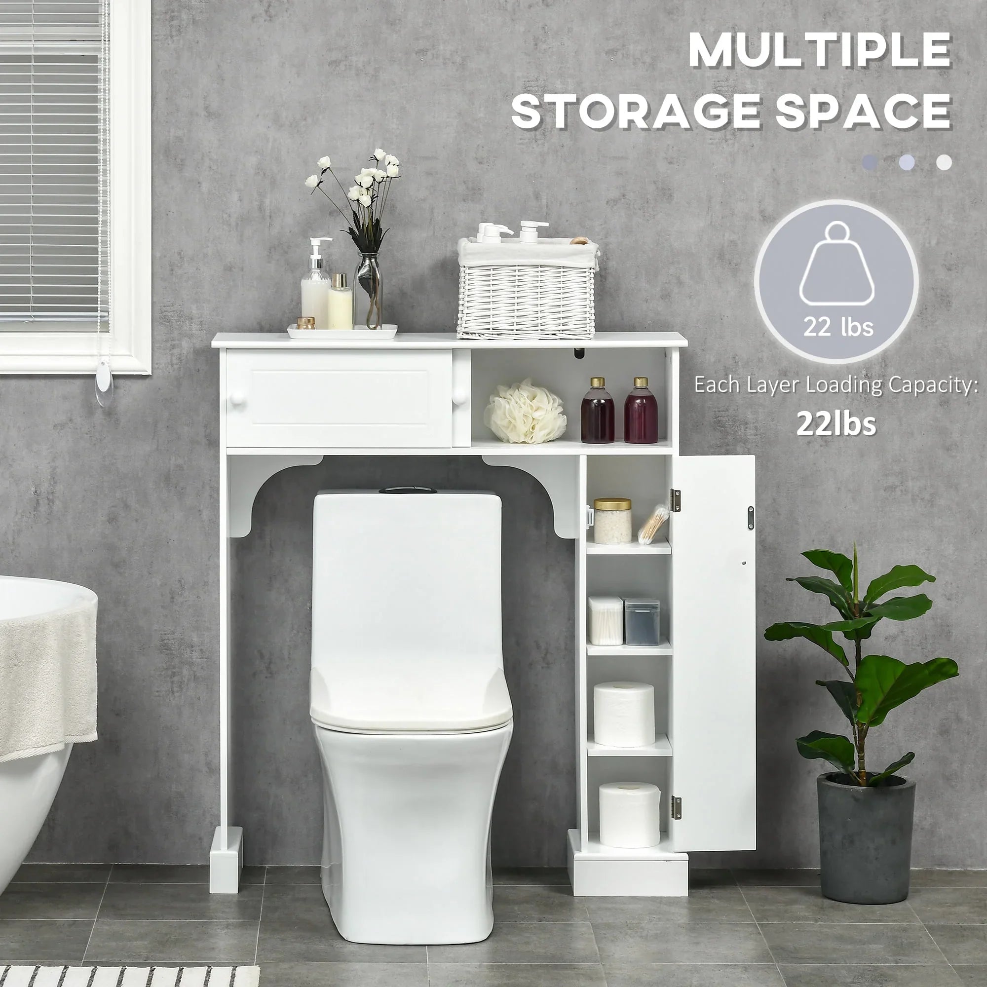 Organizer Cabinet, Storage Shelves, Toilet Rack, Over the Bathroom White Adjustable with Toilet Bathroom Freestanding kleankin