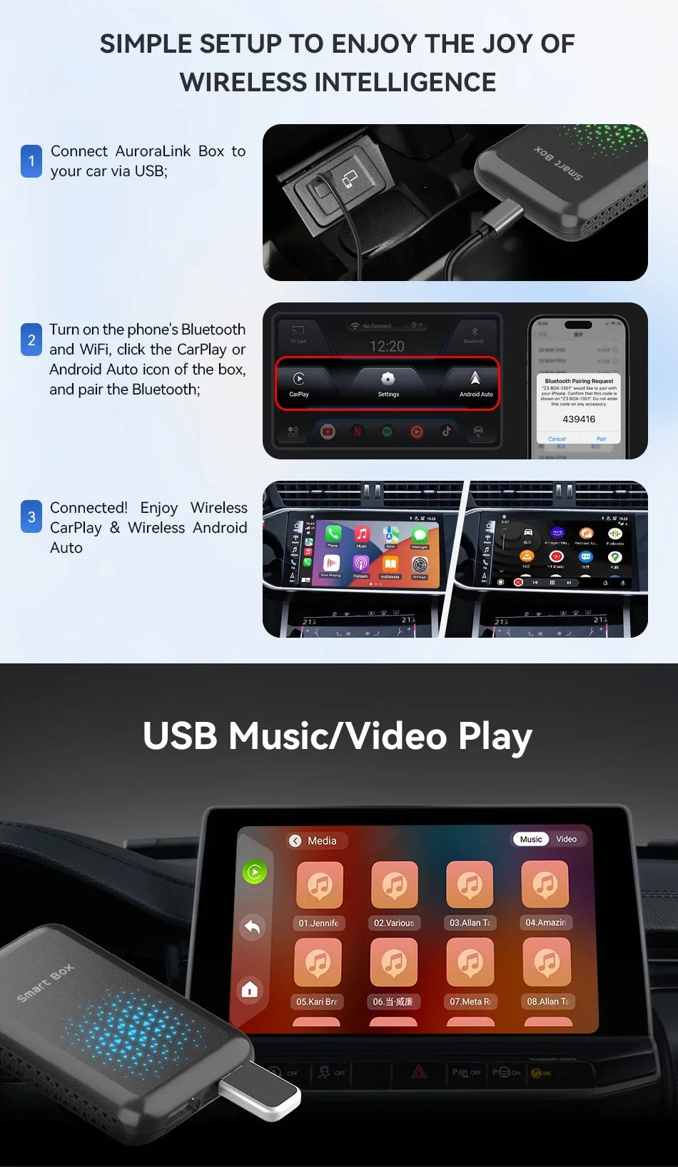 SIM/TF Wired 11, Wireless Netflix YouTube Auto Output，8 Android Magic Cars Carplay AI with Carplay Multimedia Core, Biniz Support Carplay Box HDMI Box Android Factory 2+16G with Video 4G Card,for Box