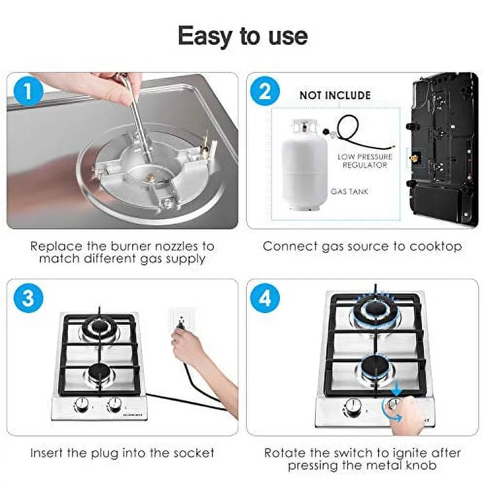 Inches RVs, Burners,12 Built-in Clean Gas Portable to Stainless Apartments, Gas Cooktop LPG/NG 2 Gas Fuel Hob Dual Outdoor Steel for Stove Easy