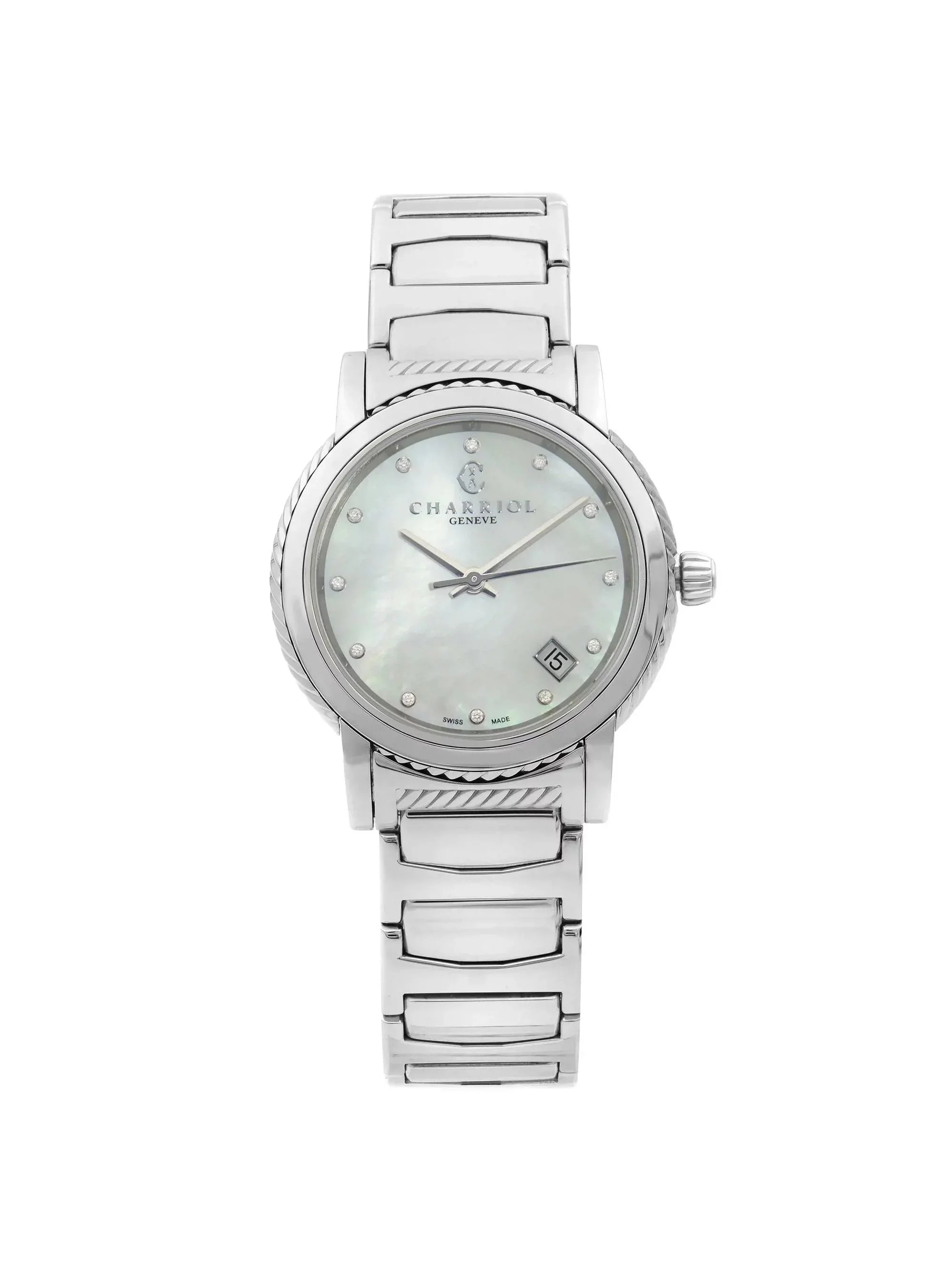 Ladies Charriol MOP Quartz White Diamond Watch Parisii P33S2.920.001 Dial Steel