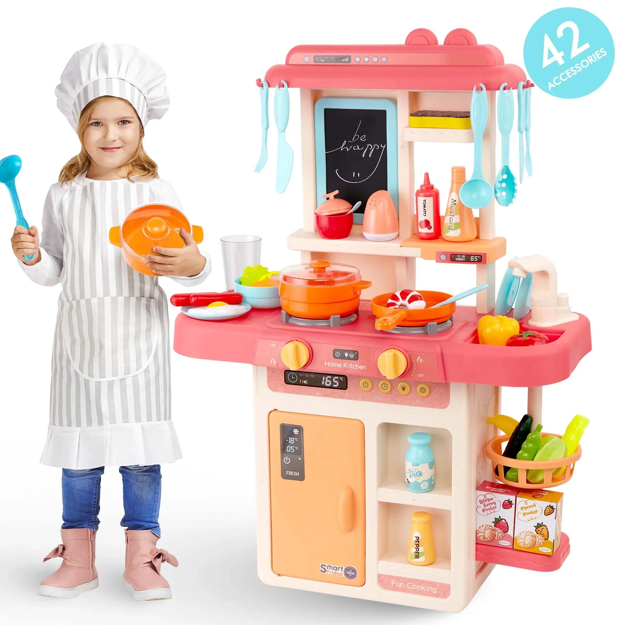 for Food, Sounds Lights, Toys Play Kitchen Accessories Pink Set Toys Toy 42-Pack Kitchen for Girls Real with and Pretend for Toddlers, Toddler Boys, Set Educational Preschool Kids