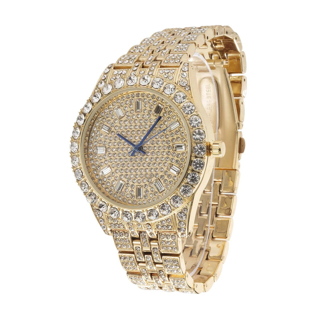 (Gold Hip Out Blinged Look BGS Timepiece and Gold) Indicators - Hop - Metal - Charles Trim Mens on Baguette Rhinestones ST10226 on Elegant Single Big Master Designer Time Dial Raymond