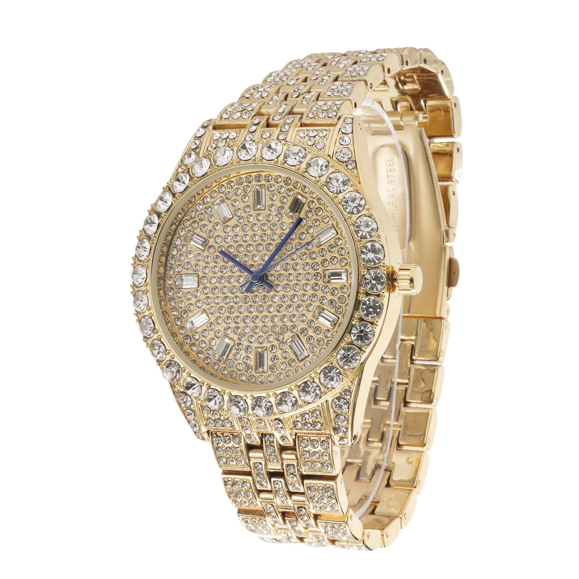 (Gold Hip Out Blinged Look BGS Timepiece and Gold) Indicators - Hop - Metal - Charles Trim Mens on Baguette Rhinestones ST10226 on Elegant Single Big Master Designer Time Dial Raymond