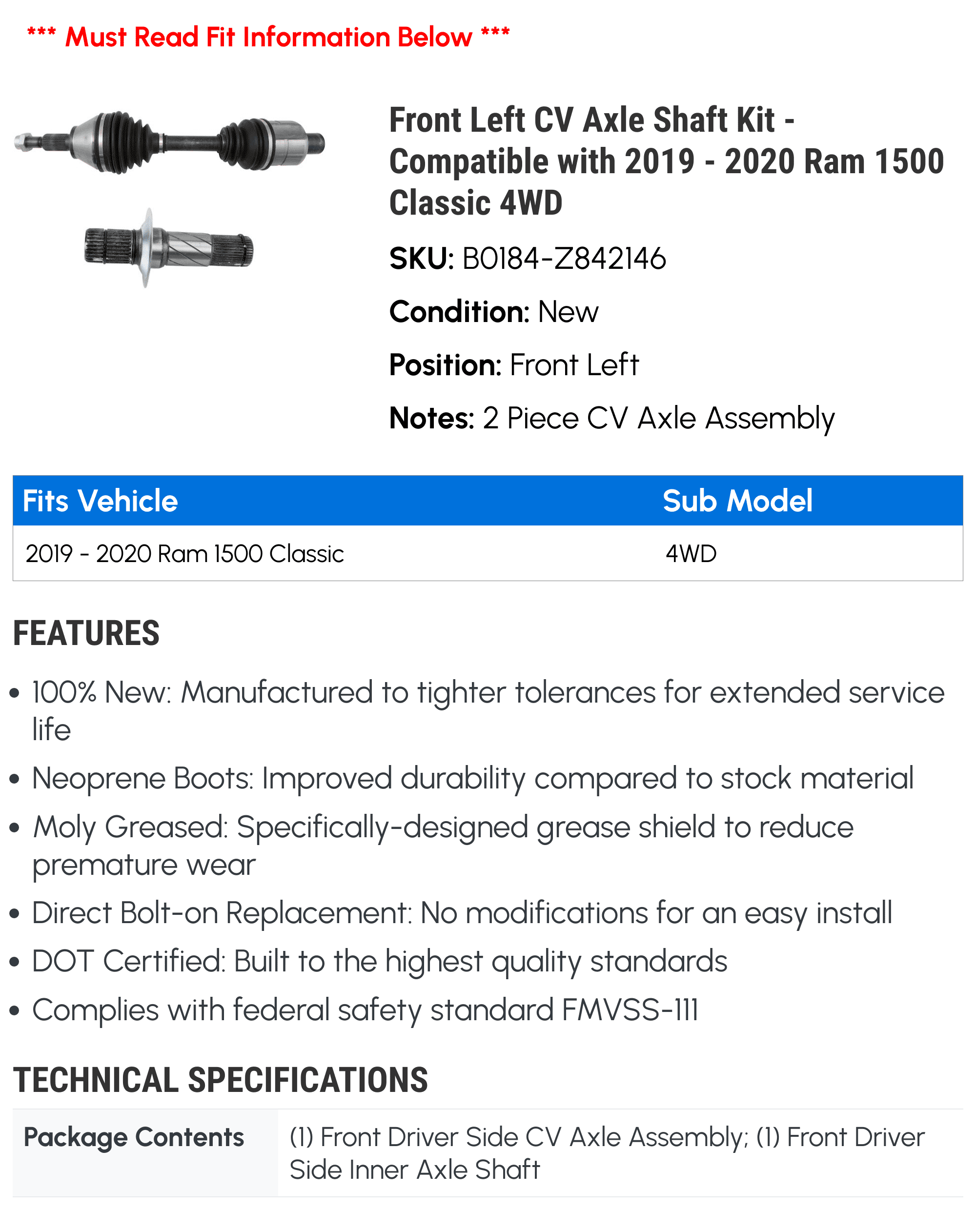Front Classic CV Ram 1500 Left Shaft - 4WD with Compatible - Axle 2020 Kit 2019