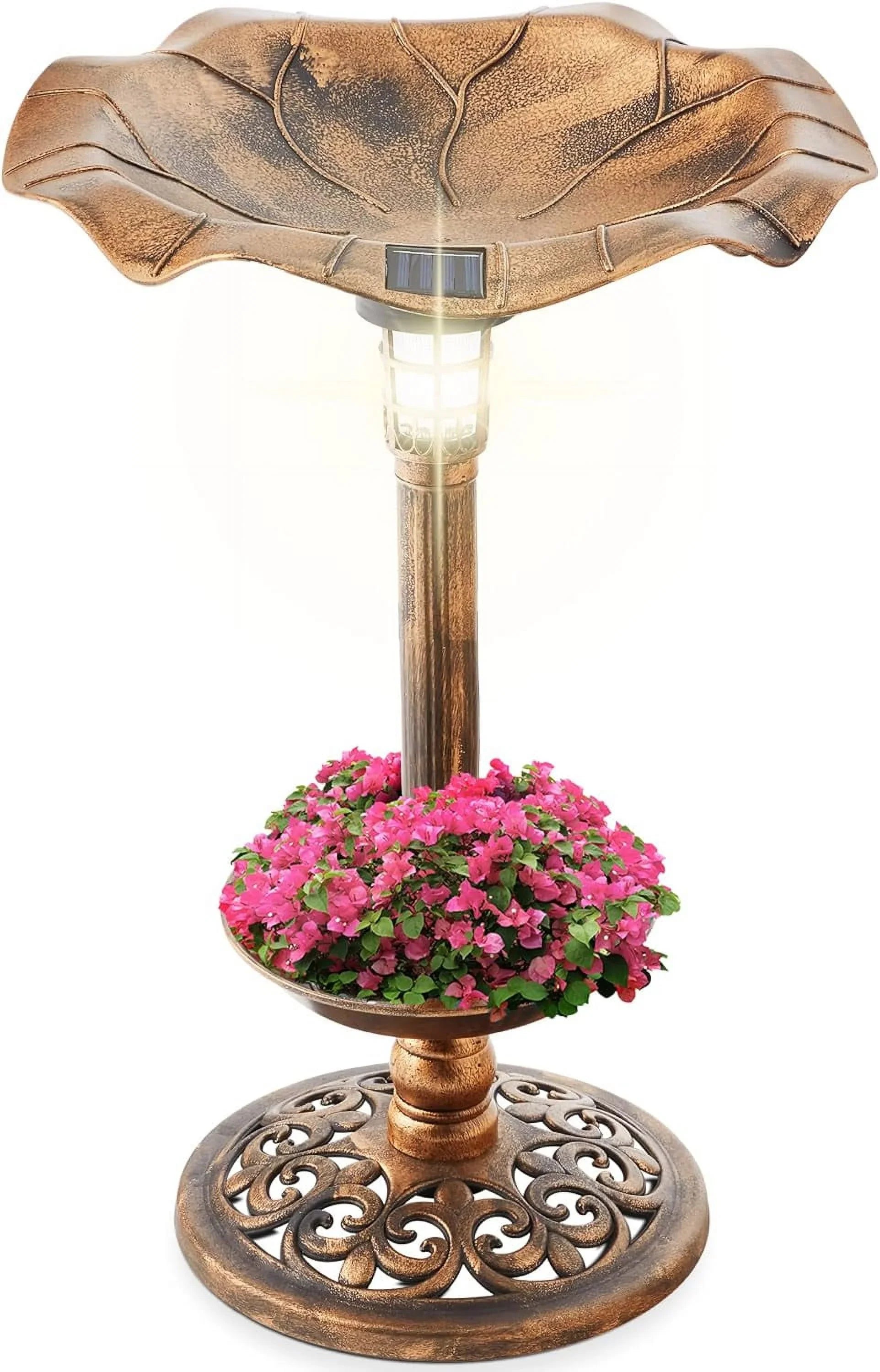 Fountain Outdoor Solar Accents Bath - W/Planter, Lighted For Pedestal Integrated Bronze Garden Lawn, Decoration Scroll Panel,