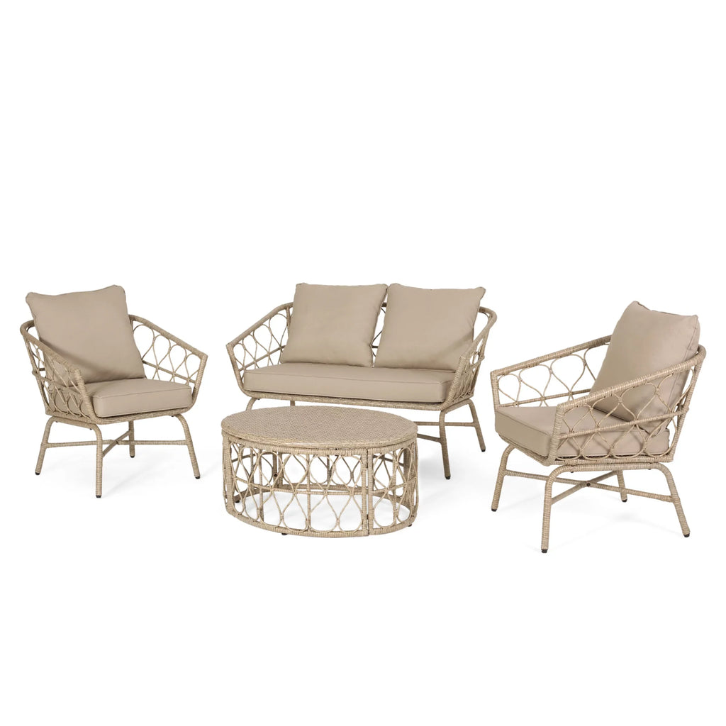 Outdoor Brown and 4 Light Wicker Cushions, Set with Beige Seater Montserrat Chat
