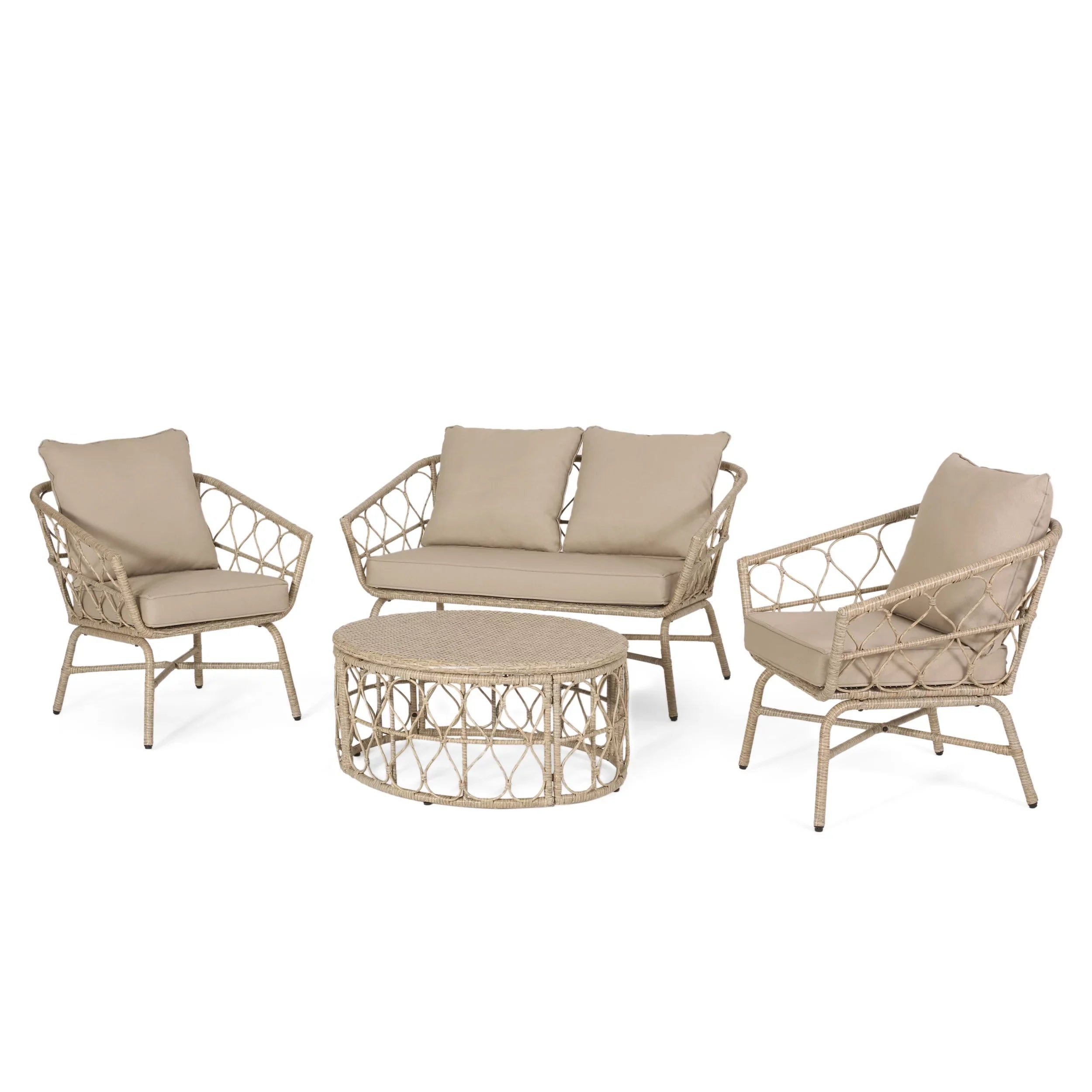 Outdoor Brown and 4 Light Wicker Cushions, Set with Beige Seater Montserrat Chat
