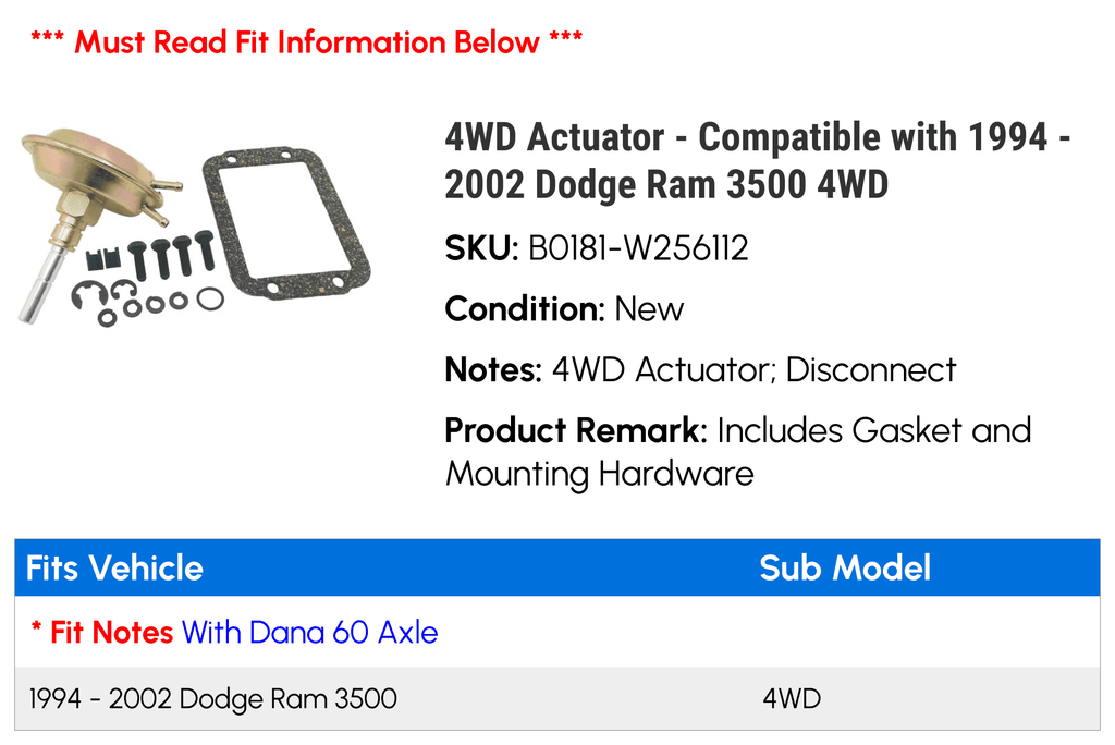 Actuator 2001 2000 - 2002 - Ram with 1998 1999 Compatible 1995 Dodge 4WD 1994 4WD 3500 1997 1996