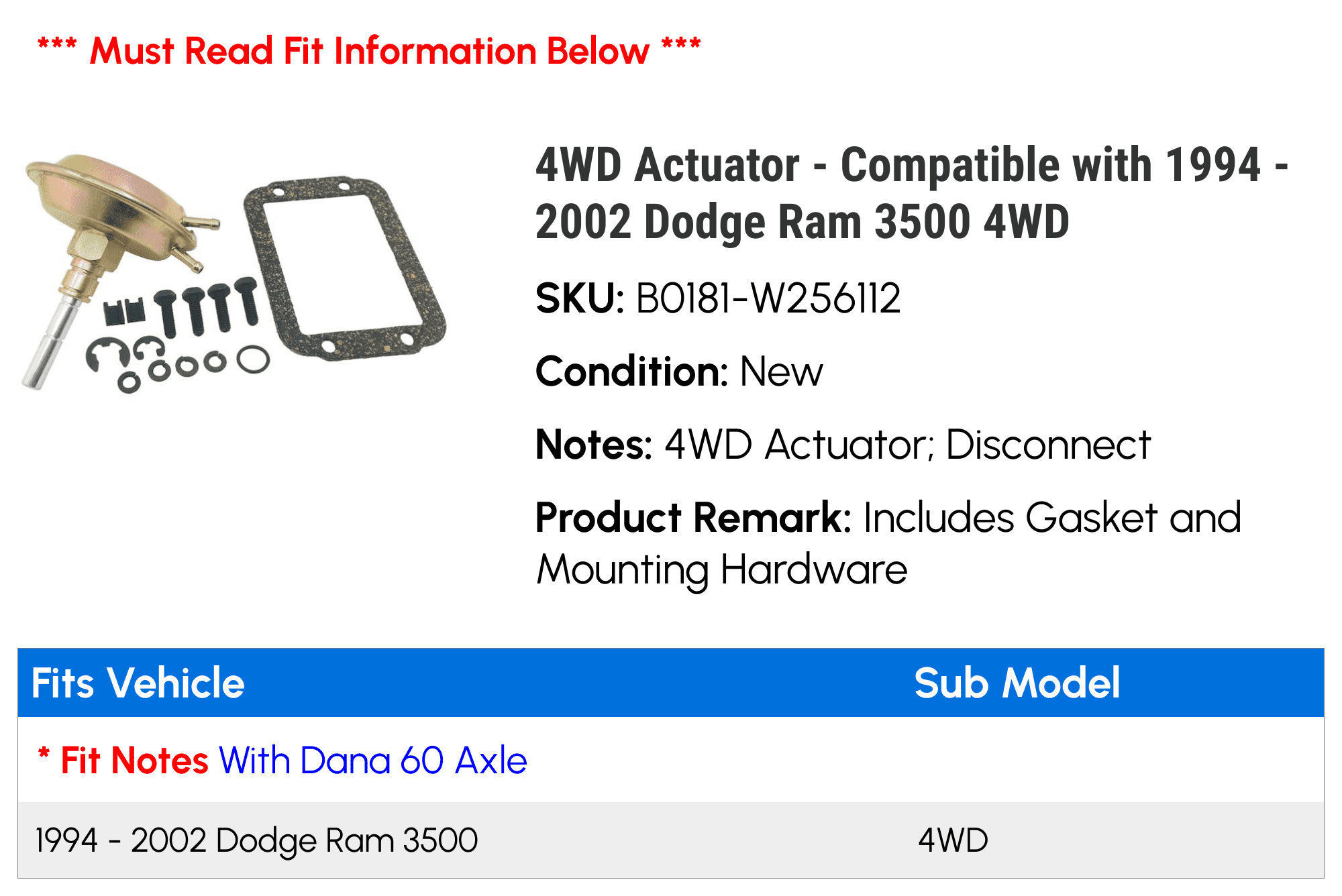 Actuator 2001 2000 - 2002 - Ram with 1998 1999 Compatible 1995 Dodge 4WD 1994 4WD 3500 1997 1996