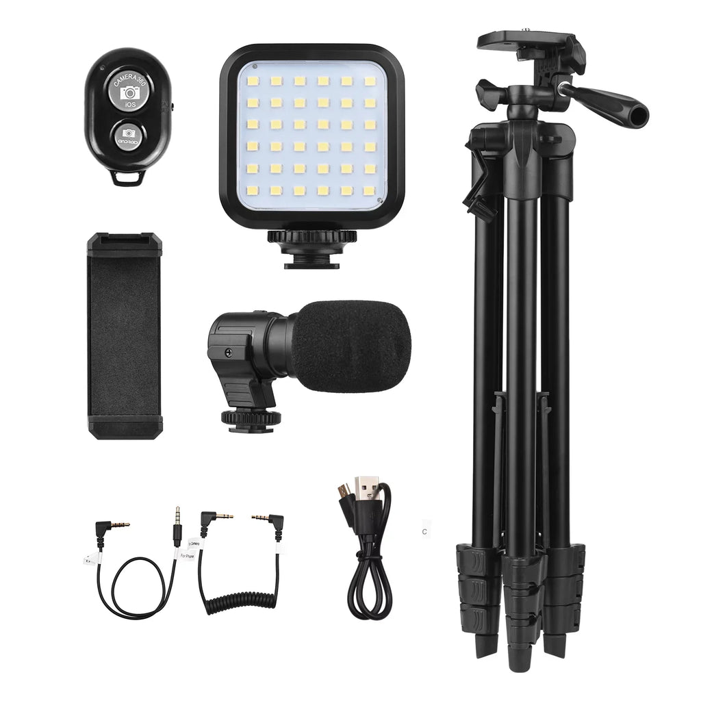 Clip, Microphone, with Light, for Production, Recording, Video - Smartphone Remote Microfilm LED Streaming Vlogging 53-Inch Tripod and and Live Control Includes Kit