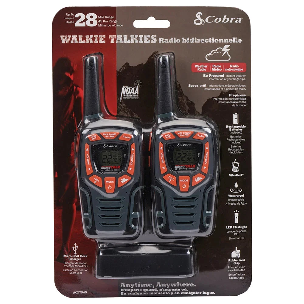 Two-Way Range ACXT545 Long - Radio Talkies Set Rechargeable, 22 28-Mile Channels, Cobra for Adults Walkie Weather-Resistant (2-Pack)