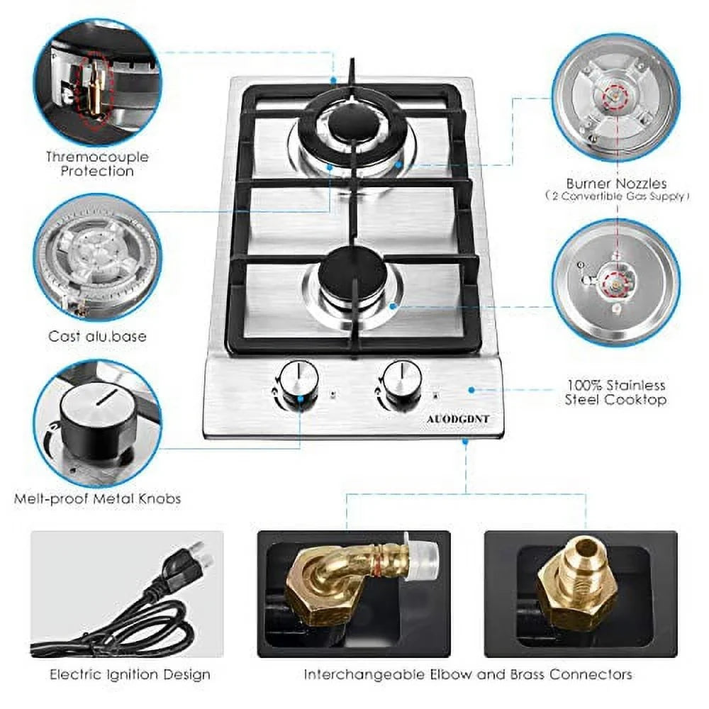 Inches RVs, Burners,12 Built-in Clean Gas Portable to Stainless Apartments, Gas Cooktop LPG/NG 2 Gas Fuel Hob Dual Outdoor Steel for Stove Easy