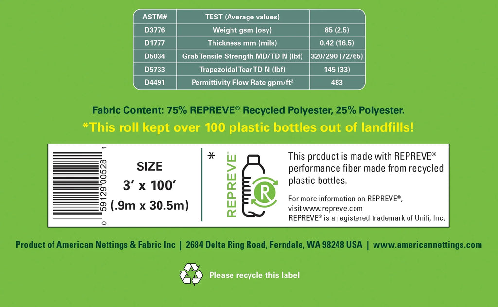 Plus Nettings American (Lifetime) REPREVE Contractor Landscape Recycled Fabric 3' x 100' Premium