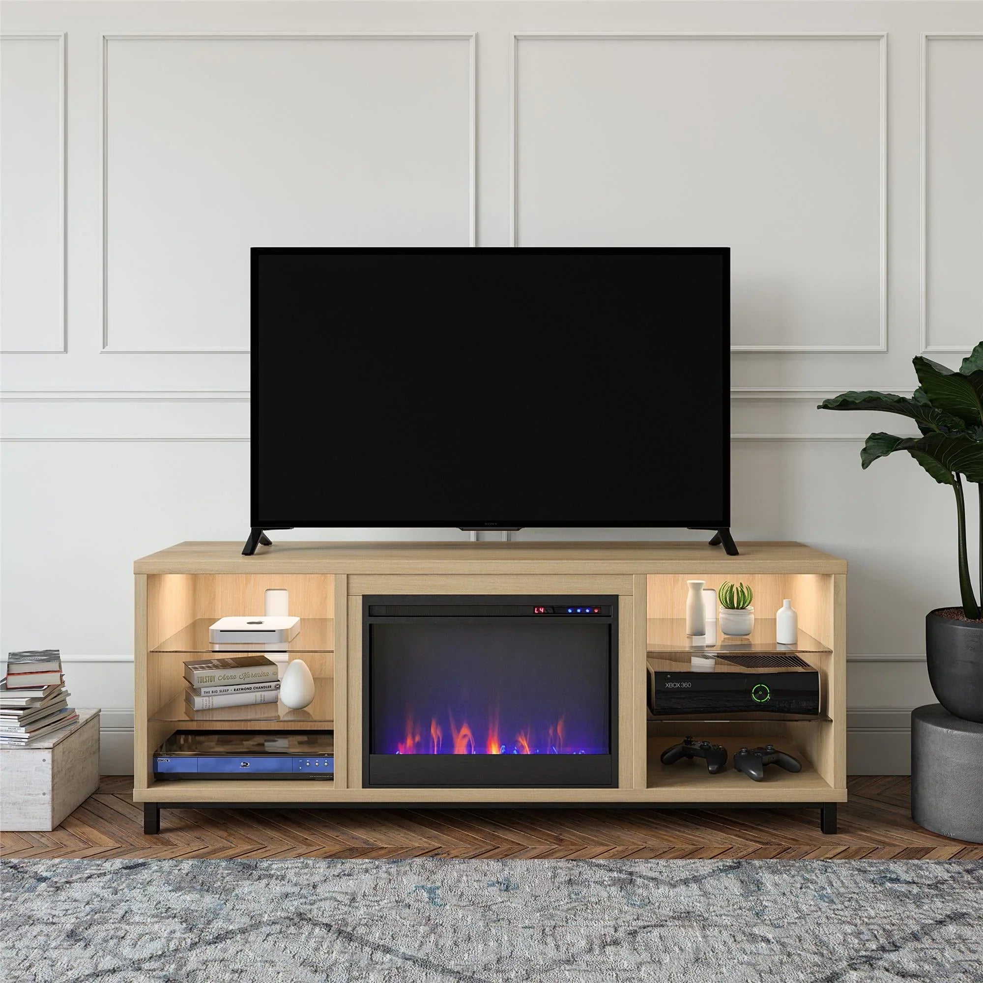 up TV Oak for TVs 70" in Blonde Stand to Deluxe Lumina Ameriwood Fireplace Home