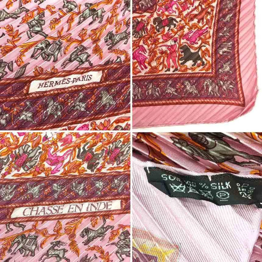 Silk EN Scarf INDE CHASSE Women's (Like Pink New) HERMES Hunting Pleated Carre Indian Hermes 100% aq5273 90 Pre-Owned