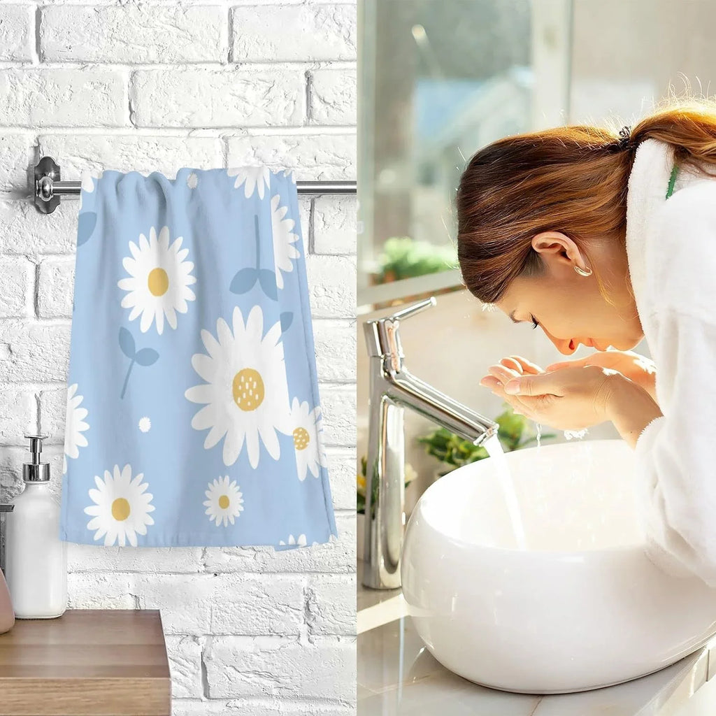 Wellsay 2 Hand Flower Towel Bath Set Pack Cotton Washcloths, Towel- Blue Highly Absorbent Face Quick-Dry Daisy of