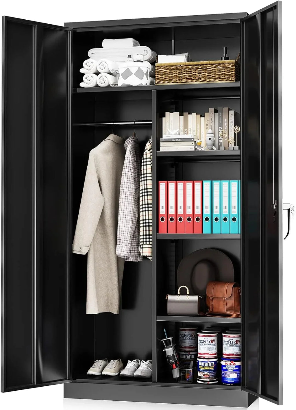 HOOMHIBIU Employee with Locker with Steel Coat Freestanding Metal Cabinets for Office Wardrobe Locking Door Garage and (Black) Cabinet Clothing Home Lock 72'' Shelves